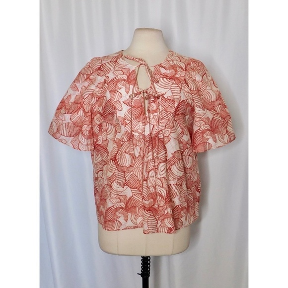 GILNER FARRAR Red Floral Print Blouse Top Flutter Sleeves Tie Neck Vacay Medium - Picture 1 of 11